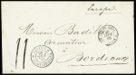 Lettre non affranchie avec CAD "Taïti (Océanie) Papeete" (1866) + taxe 11 tampon façon manuscrite pour Bordeaux avec CAD d'entrée noir "Col. FR. amb. Calais E". RR et TB