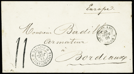 Lettre non affranchie avec CAD "Taïti (Océanie) Papeete" (1866) + taxe 11 tampon façon manuscrite pour Bordeaux avec CAD d'entrée noir "Col. FR. amb. Calais E". RR et TB