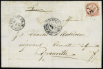 Col. Gen. N°6, 80c rose OBL losange de points "SPM" + CAD "St Pierre et Miquelon St Pierre" (1866) sur lettre pour Granville avec CAD d'entrée noir "Col. Fr. Angl. Amb Calais D". TB