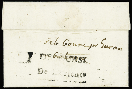 Lettre de Metz avec au verso MP "Deboursé de Lorient" (L n°10, 38mm), ind 26. RR. TB