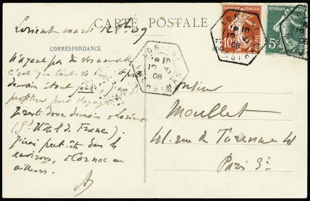 N°137 + 138 OBL CAD hexagonal à cercle intérieur "Lorient Morbihan" (12.10.1908), levée exceptionnelle sur carte postale (2 pièces connues)
