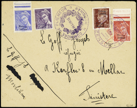 N°546 + 547 + 548 (LD) + 515 surchargés "Festung Lorient" OBL grand cachet violet "Festung Lorient Zensur" (Mayer n°1M + 2M + 3M + 9) sur lettre avec cachet de la mairie de Ploemeur. Signé Calves. Forte Cote