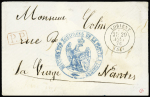 Lettre avec CAD T17 Lorient (29 aout 1870) + "PP" encadré rouge + cachet bleu avec aigle "Division des équipages de la flotte à Lorient". TB