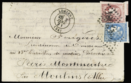 N°45 + 49, touchés, OBL GC 2084 + T17 Lorient (3 janv 71) sur boule de Moulins adressée à un marin du 13ème bataillon, bonne provenance. TB