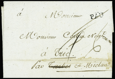 Tarbes : lettre avec au verso déboursé manuscrit "Deb de Tarbes bonne pour Trie par Mielan" (1790 - ind 18). TB