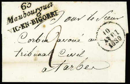 Maubourguet : lettre avec cursive double "63 Maubourguet Vic-en-Bigorre" + dateur "A" (1839), ind 18. TB