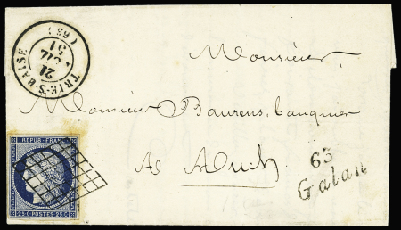 Galan : N°4 OBL grille + T15 "Trie-s-Baïse (63)" (1851) + cursive "63 Galan", ind 21. TB
