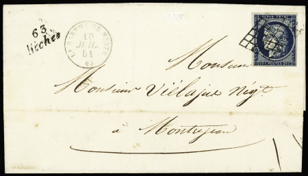 Hèches : n°4 OBL grille + cursive "63 Hèches" + T15 "La barthe de Neste" (1851) sur lettre, ind 23. TB