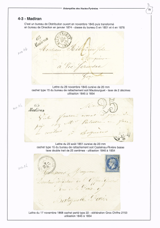 Madiran : 3 lettres : 2 avec cursive "63 Madiran" (1845 et 1851 - ind 16) et n°29 OL GC 2153 + T22 Madiran (1868 - ind 16). TB