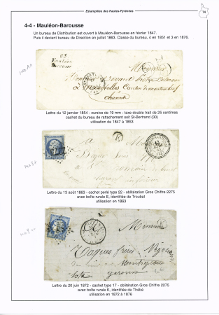 Mauléon-Barousse : 3 lettres : cursive "63 Mauléon-Barousse" (1854 - ind 11), n°22 OBL GC 2275 + T22 (1863) + boite rurale "E" de Troubat (certificat Pothion) et n°60 OBL GC 2275 + T17 (1872). TB