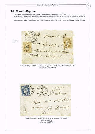 Monléon-Magnoac : 2 lettres : n°28 OBL GC 4425 + T24 (1870 - ind 12) et n°60 OBL T17 (1 mai 1876) répété à côté. TB