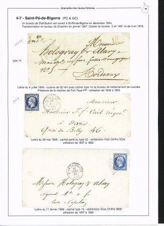 Saint Pé de Bigorre : 3 lettres : cursive "65 St Pé de Bigorre" (1845 - ind 11), n°14 OBL PC 3234 + T22 "St Pé de Bigorre" (1856 - ind 9) et n°22 OBL GC 3802 + T22 (1866). TB