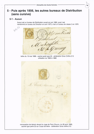 10 plis avec oblitérations de bureaux de distribution (majorité CAD perlés T22 et T24) : Aucun (2), Bordères, Sarrancolin, Bourg Bigorre (2), Campan, Pierrefitte Nestalas (3). On note une jolie lettre AFF n°43, 2 pièces