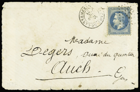 Camp de Lannemezan : n°29 OBL losange de points "CLZ" + T15 "Camp de Lannemezan (63)" (1868 - ind 32) sur lettre et n°29 sur lettre avec au verso CAD T15 "Camp de Lannemezan" (1868). TB