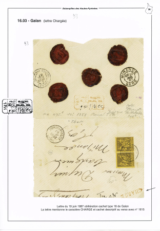 Divers : 3 lettres dont n°60, bande de 3 OBL GC 6416 + T17 "Lomné" (1874), ind 20, sur lettre recommandée et n°93, 35c Sage en paire, OBL CAD T18 de Galan (1887) sur lettre chargée. TB