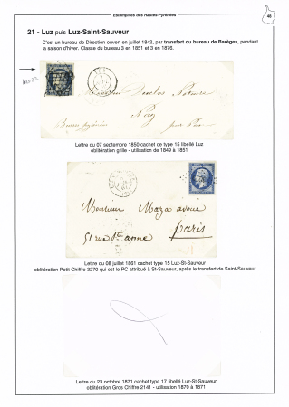 Pouyastruc : 2 lettres (ind 9 et ind 13) et Luz, 2 lettres dont n°4 OBL grille + T15 Luz (1850 - ind 22). TB