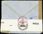 Indochine n°166 + PA 32 + PA 35 + PA 36 OBL Saïgon - Central (25.10.41) sur lettre par avion pour la France avec censure de Hong-Kong et censure allemande. TB