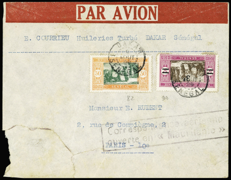 11.8.1929. Accident de Tiznit, courrier pillé par les Maures ave griffe violette encadreé "Correspondance aérienne ouverte en Mauritanie" (Nierinck n°290811a)