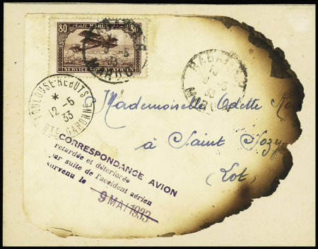 9.11.1933. Accident de Villadrau : env. brûlée de Rabat avec CAD "Toulouse rebuts" et griffe violette "Correspondance avion retardée et détériorée par suite de l'accident aérien survenu le 9 mai 1933". TB