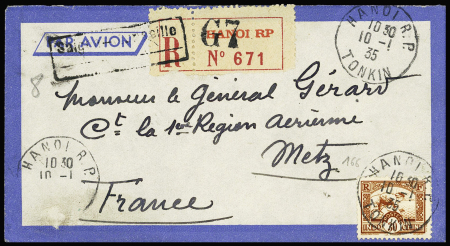 20.1.1935. Hanoï - Metz. Lettre recommandée de l'hydravion CAMS 53 de Leclere accidenté à Santa Maria de Lucia (Italie) sans mention. TB