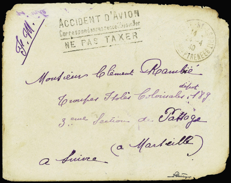 5.5.1940. Même accident. Env. brûlée avec griffe noire "Accident d'avion correspondances recueillies en mer ne pas taxer" (Nierinck n°400505d). TB