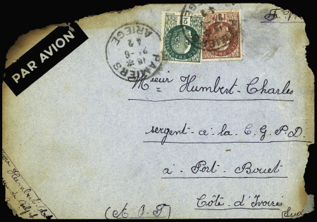 2.7.1942. Accident de Lafannechère à Port-Etienne. Env. brûlée AFF n°517 + 518 OBL Pamiers Ariège (Nierinck n°420702). TB