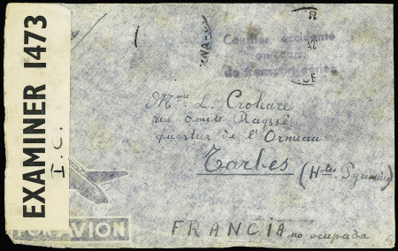 22.2.1943. Accident sur le Tage à Lisbonne. Accident du Yankee Clipper - Lettre pour Tarbes avec griffe noire "Courrier accidenté en cours de transport aérien" (Nierinck n°430222H). TB