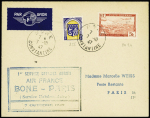 7.10.1947. Bône - Paris. Lettre avec au verso griffe noire "Courrier retardé avion détruit au départ de Bône le 7.10.47" (Nierinck n°471007). TB