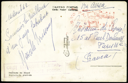 20.8.1962. Accident de Rio. Carte postale de Sao Paulo pour Paris (Nierinck n°620820). TB