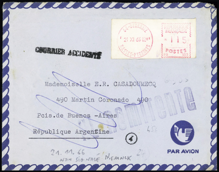 21.11.1966. Lettre de Biarritz pour Buenos Aires avec petite griffe noire "Courrier accidenté". Non signalé. TB