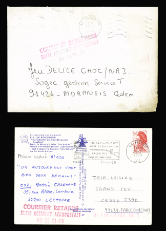 CP avec griffe rouge "Courrier retardé suite accident aéropostale du 29.01.88" et lettre avec griffe rouge "Courrier détérioré suite accident aéropostale du 29.01.88" (Nierinck n°880129 a + b)