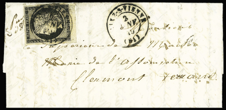 N°3 OBL T15 Aixe-s-Vienne (2 janv 49) répété à côté sur lettre. TB. Cote Yvert 9000€.