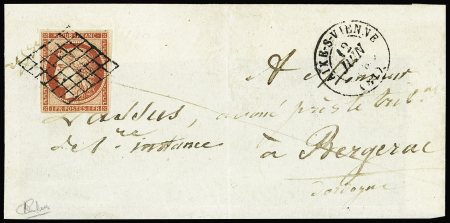 N°7, 1F vermillon OBL grille + T15 Aixe-s-Vienne (12 juin 49) sur devant de lettre pour Bergerac, très jolie pièce, signé Calves