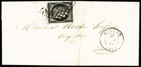 N°3 OBL grille + T15 Bellac (1849) sur lettre, ind 18. TB