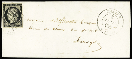 N°3 OBL grille + T14 Chalus (1849) sur lettre, ind 20. TB