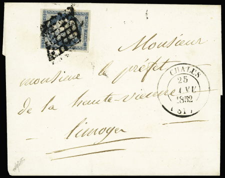 N°4 OBL grille + T14 Chalus (1852) sur lettre, ind 18. TB