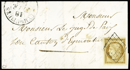 N°1, 10c bistre, OBL grille + T13 "Eymoutiers" (1851) sur lettre locale. TB