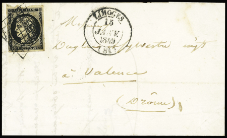 N°3 OBL grille + T14 Limoges (1849) sur lettre, ind 16. TB