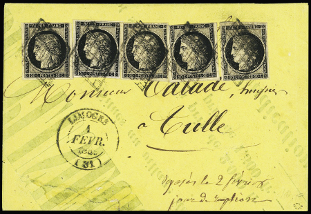 N°3, 5 pièces, OBL grille + T14 Limoges (1849) sur pli réalisé à base d'une affiche d'adjudication qui a été pliée. Jolie pièce