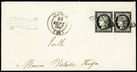 N°3 en paire OBL grille + T14 Limoges (1849) sur lettre. TB