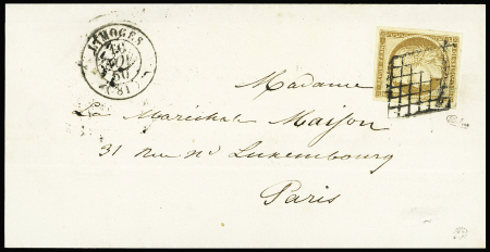 N°1, 10c bistre-jaune, OBL grille + T15 Limoges (1850) sur faire-part (sans le texte). TB. Signé Calves