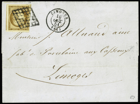 N°1 OBL grille + T15 Limoges (1851) sur lettre locale