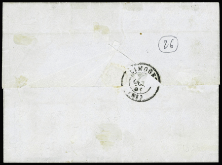 N°1 OBL grille + T15 Limoges (1851) sur lettre locale