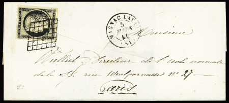 N°3 OBL grille + T15 "Magnac Laval" (1850) sur lettre. TB