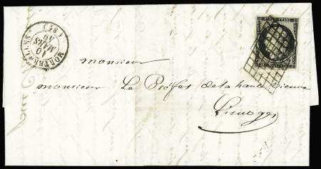 N°3 OBL grille + T15 Morterol (1849) sur lettre, bureau rare, ind 22. TB