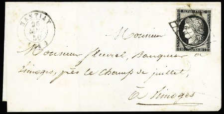 N°3 OBL grille + T15 Nantiat (1850) sur lettre, ind 21. rare et TB