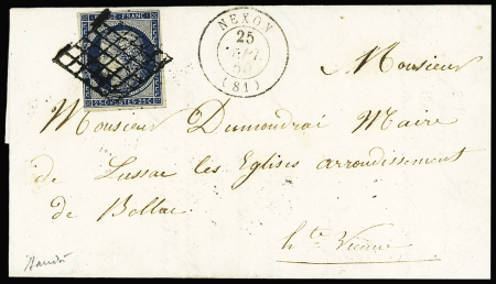 N°4 OBL grille + T15 Nexon (1850) sur lettre, ind 17. TB