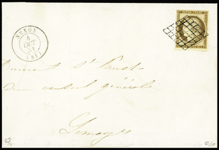 N°1 OBL grille + T15 Nexon (1851) sur lettre locale, signé Calves et certificat Roumet. TB