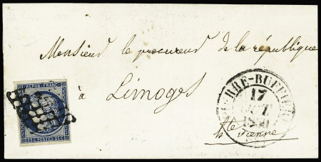 N°4 OBL grille + T13 Pierre-Buffière (1850) sur lettre, ind 22. TB