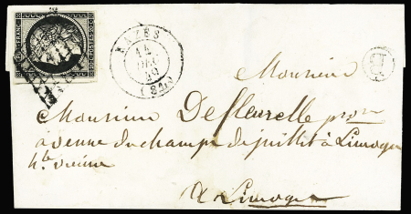 N°3 OBL grille + T15 Razès (1849) sur lettre avec boite rurale B. Ind 23. Rare et TB
